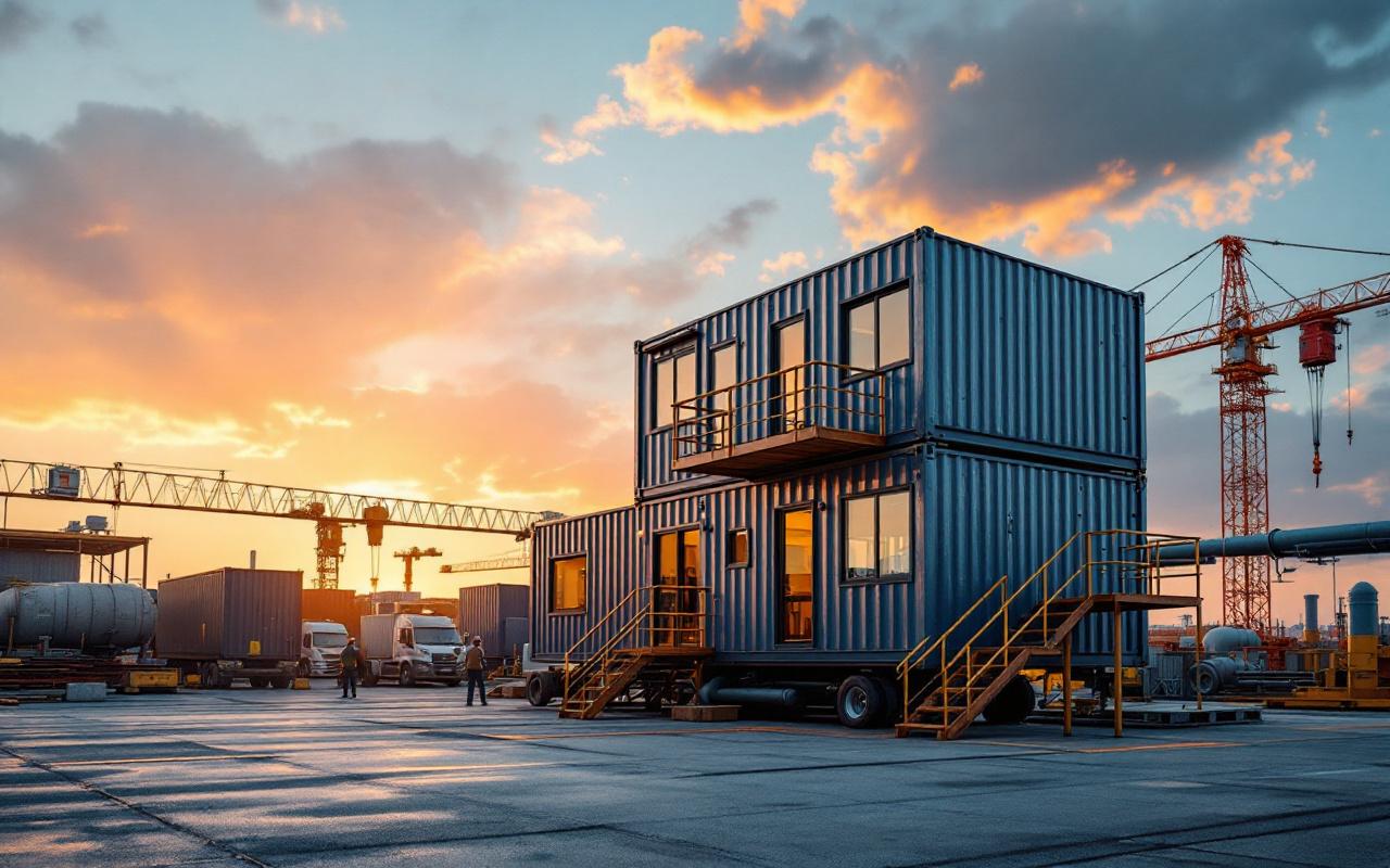 Bureau modulaire réalisé à partir de containers maritimes empilés sur un site industriel, avec grandes fenêtres vitrées, escalier extérieur et garde-corps, sol en béton, grues et tuyauteries en arrière-plan, couleurs dominantes gris acier et orange rouille, lumière volumétrique du coucher de soleil et ombres douces.