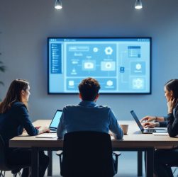 Équipe de professionnels réunie autour d'une table de réunion moderne, ordinateurs portables ouverts et grand écran affichant un schéma d'architecture basée sur des conteneurs avec icônes Docker et Kubernetes, lumière matinale douce, tons bleu et gris