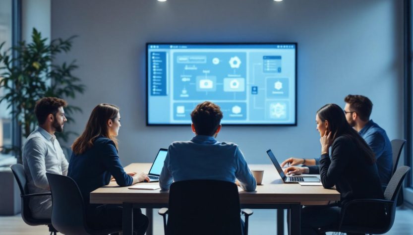 Équipe de professionnels réunie autour d'une table de réunion moderne, ordinateurs portables ouverts et grand écran affichant un schéma d'architecture basée sur des conteneurs avec icônes Docker et Kubernetes, lumière matinale douce, tons bleu et gris