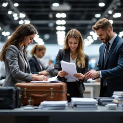 Une équipe de PME sur un stand de salon international presque vide, disposant des valises et des documents de voyage sur une table, ambiance professionnelle et calme.