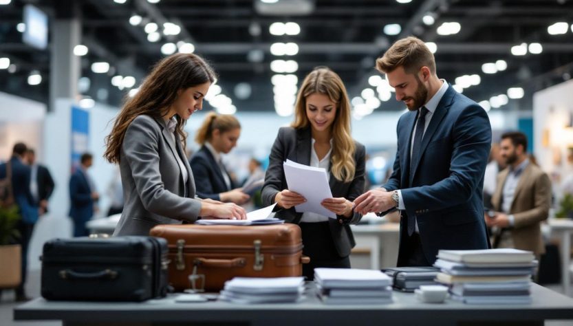 Une équipe de PME sur un stand de salon international presque vide, disposant des valises et des documents de voyage sur une table, ambiance professionnelle et calme.