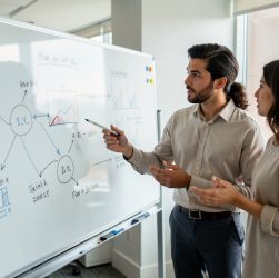 Une équipe de trois collègues, dont un homme et deux femmes, se réunit autour d’un tableau vitré dans un bureau moderne, discutant et échangeant des idées en pointant du doigt.
