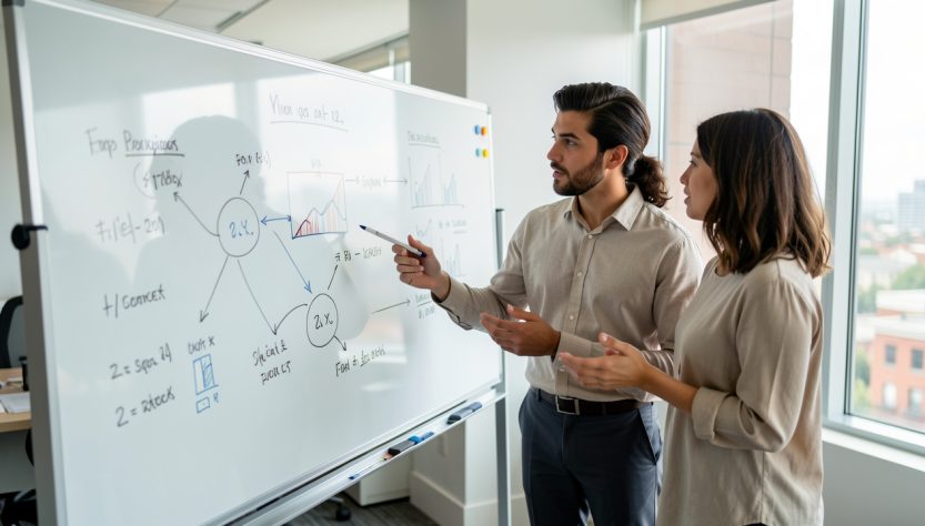 Une équipe de trois collègues, dont un homme et deux femmes, se réunit autour d’un tableau vitré dans un bureau moderne, discutant et échangeant des idées en pointant du doigt.