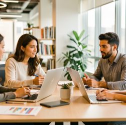 Une équipe se réunit dans un bureau moderne, échange et transmet des compétences autour d’une table, ambiance professionnelle et sérieuse.