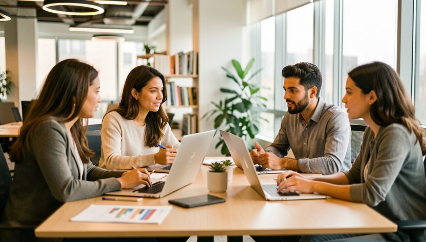 Une équipe se réunit dans un bureau moderne, échange et transmet des compétences autour d’une table, ambiance professionnelle et sérieuse.
