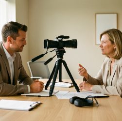 Un homme et une femme comparent du matériel vidéo lors d’une réunion professionnelle dans un bureau moderne.