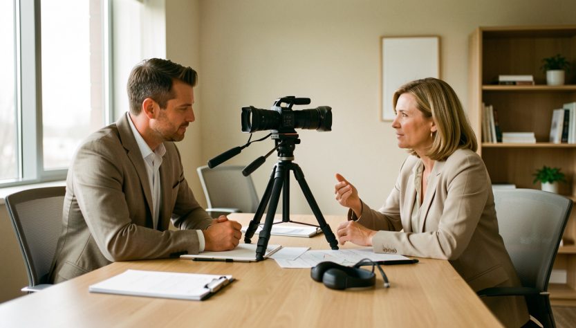 Un homme et une femme comparent du matériel vidéo lors d’une réunion professionnelle dans un bureau moderne.