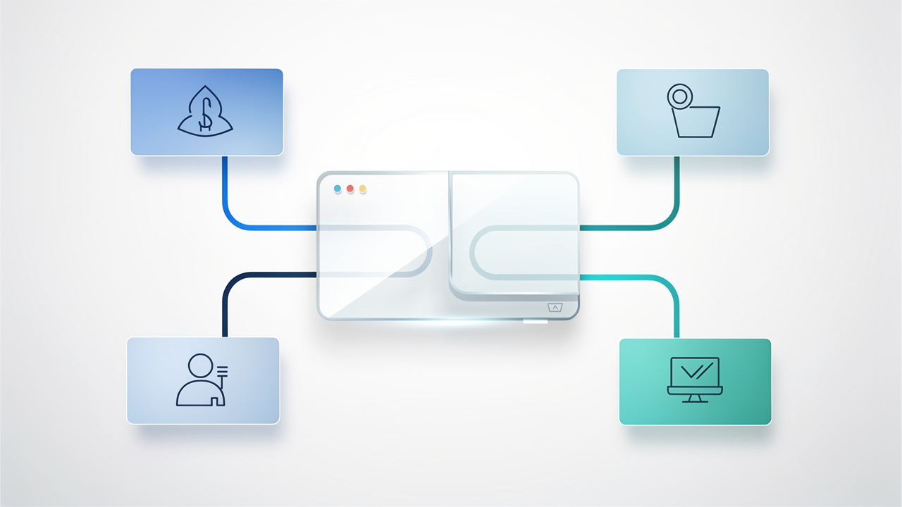 Illustration sobre représentant une page web d’entreprise au centre d’un réseau de modules thématiques reliés par des lignes bleues et turquoise.