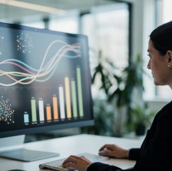 Une femme responsable marketing analyse un tableau de bord visuel avec des graphiques de performance et un réseau de liens dans un bureau moderne.