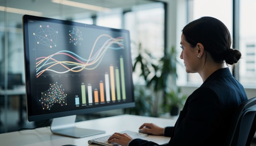 Une femme responsable marketing analyse un tableau de bord visuel avec des graphiques de performance et un réseau de liens dans un bureau moderne.