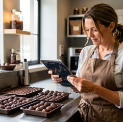 Une dirigeante examine des échantillons de chocolat haut de gamme et des données financières dans un atelier de chocolaterie moderne.