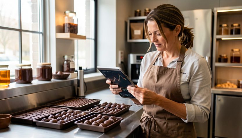 Une dirigeante examine des échantillons de chocolat haut de gamme et des données financières dans un atelier de chocolaterie moderne.