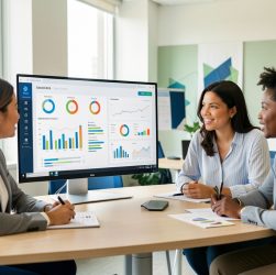 Une équipe composée de deux femmes et d’un homme analyse un tableau de bord marketing visuel dans un bureau moderne et lumineux.