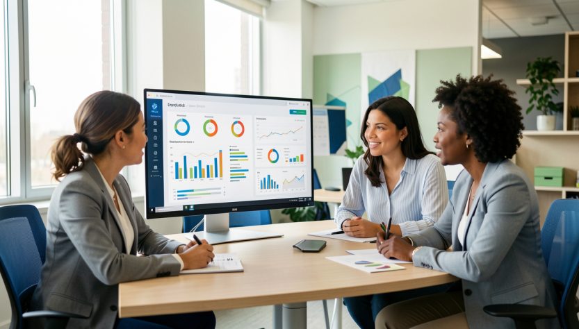 Une équipe composée de deux femmes et d’un homme analyse un tableau de bord marketing visuel dans un bureau moderne et lumineux.