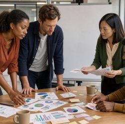 Équipe diverse d’une startup réunie autour d’une table, échangeant autour de graphiques abstraits sur un tableau blanc sans texte, dans un bureau moderne à l’ambiance professionnelle et chaleureuse.