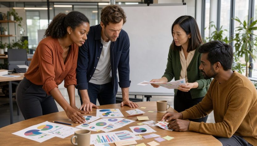 Équipe diverse d’une startup réunie autour d’une table, échangeant autour de graphiques abstraits sur un tableau blanc sans texte, dans un bureau moderne à l’ambiance professionnelle et chaleureuse.